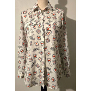 Karl Lagerfeld Paris ICONS Button Up Blouse Long Sleeve ROLL TAB Whimsical SZ XS